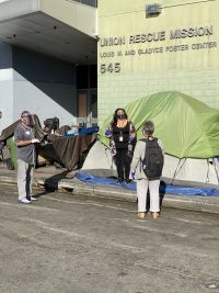 Community outreach in Skid Row, a 54-block area in downtown Los Angeles following social distancing during the COVID-19 pandemic.