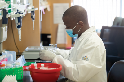 Michael Zulu, UCI postdoctoral scholar in molecular biology & biochemistry, in the Ilhem Messaoudi lab. Zulu is a part of the infectious disease science initiative.