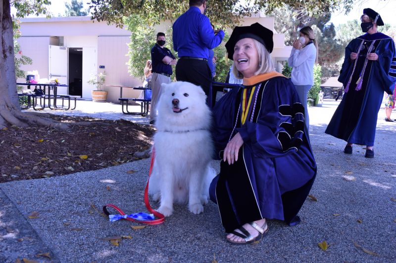uc irvine school of nursing class of 2021 graduate commencement retired clinical professor susan tiso and samoyed