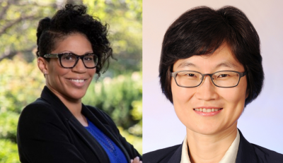 assistant professor dawn bounds, left, and jung-ah lee, right. bounds is the uc irvine school of nursing equity advisor; associate professor jung-ah lee concluded her term leading the excellence in diversity committee
