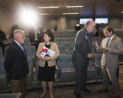 UC Irvine Sue & Bill Gross School of Nursing Dean Mark Lazenby speaking with CalOptima COO Yunkyung Kim and Cal Optima CEO Michael Hunn talking with Vice Chancellor Steven Goldstein and the CalOptima UC Irvine grant check presentation event